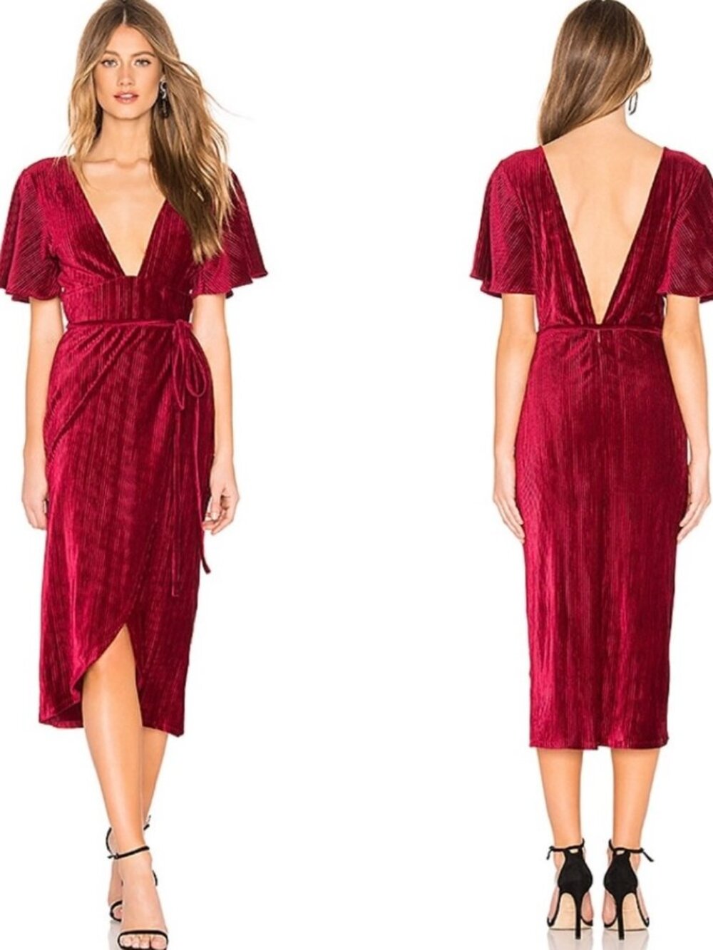 Privacy Please Revolve Red Ribbed Velvet V-Neck Moore Midi Dress